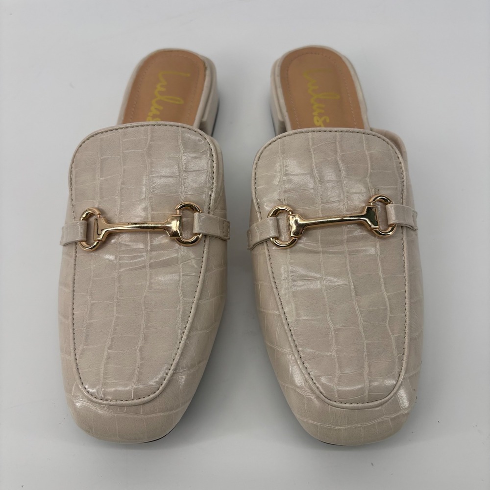 Lulus Womens Nude Croc Embossed Horsebit Mules Loafer Square Toe Block Heel 10